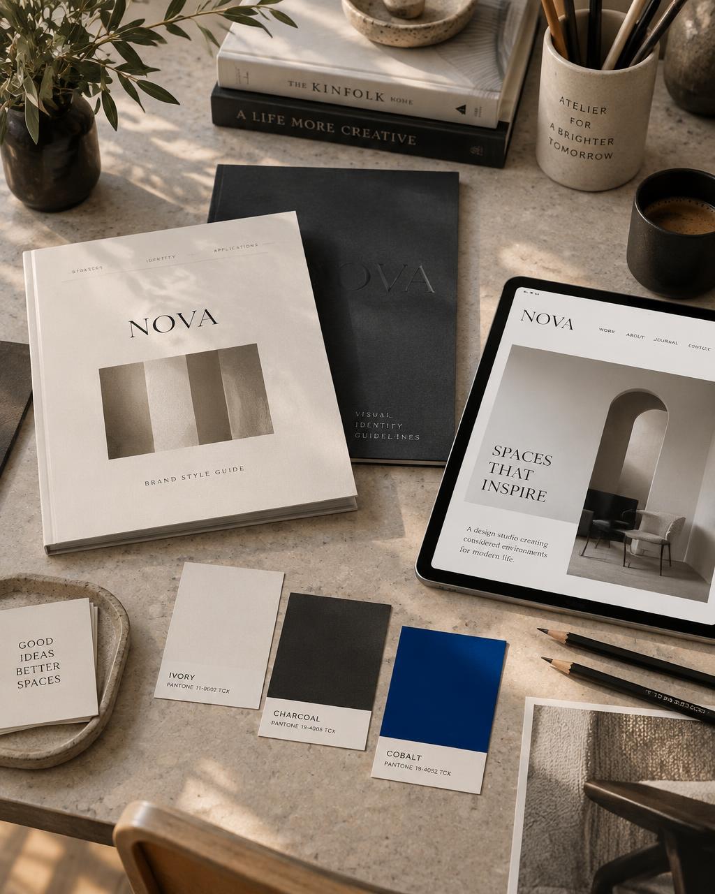 Brand style guide, colour swatches and website design on a studio desk